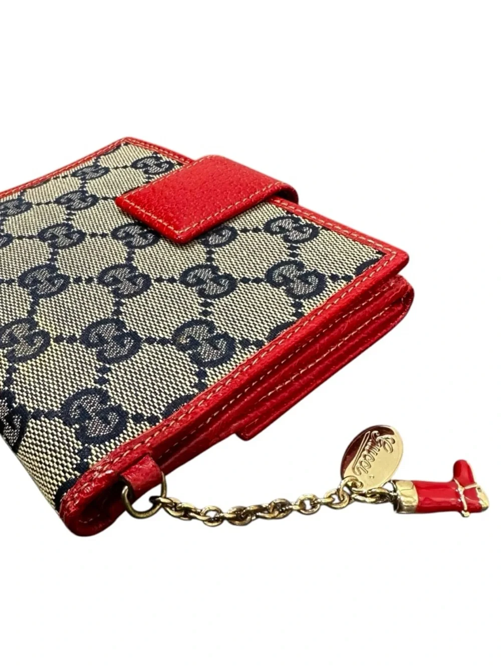 Gucci GG Monogram Navy Canvas & Red Leather Boot Charm Compact Bifold Wallet - Picture 9 of 16
